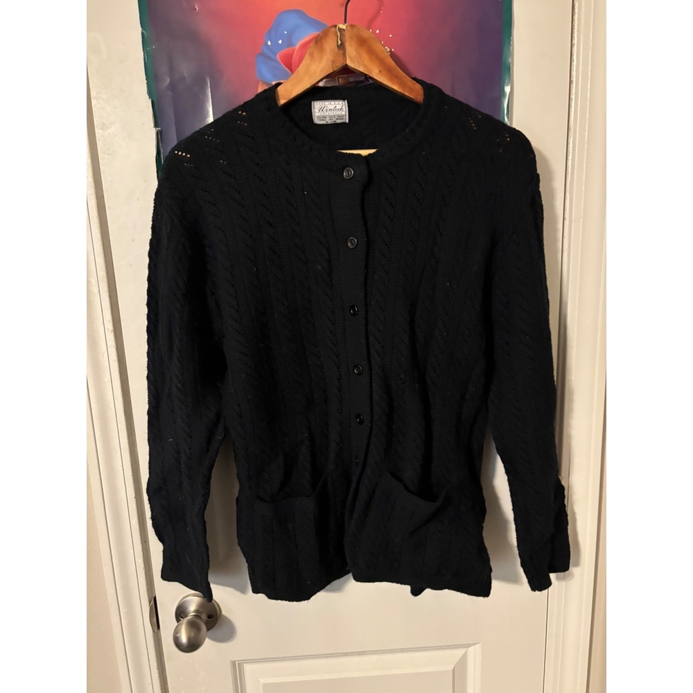 Vintage Wintuk Black Cable Knit Cardigan Sweater Made in USA Button Front